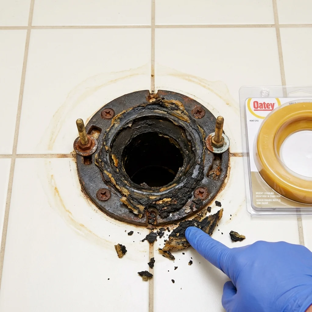 Failed wax ring showing water seepage at the base of a toilet in a Richland, NY home